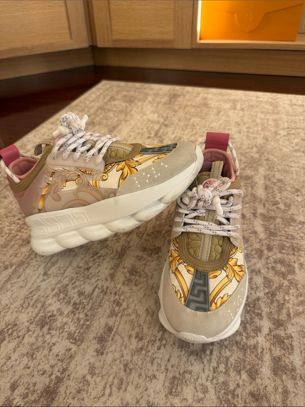 Versace Beige Gold Pink Barocco-Print Squalo Sneakers